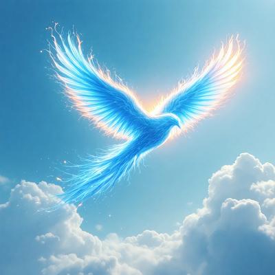 The primary subject of the image is a blue bird with a long tail, flying through a cloudy blue sky. The bird is surrounded by clouds, which adds to the overall atmosphere of the scene. The visual style of the image is a combination of photo and digital art, creating a unique and captivating representation of the bird in flight. The colors in the image are predominantly blue, which adds to the serene and peaceful mood of the scene.